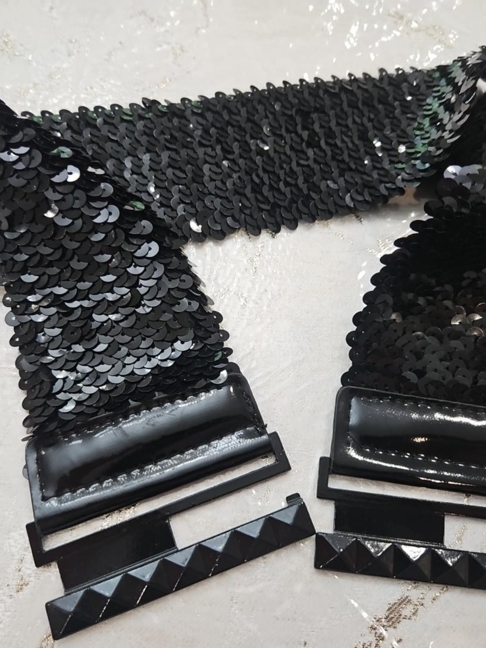 Black Sequin Wide Stretch Waist Belt 27–37”